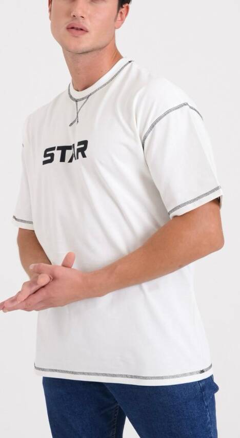 STAR ERKEK BEYAZ OVERSİZE DİKİŞ DETAYLI T-SHİRT - 1