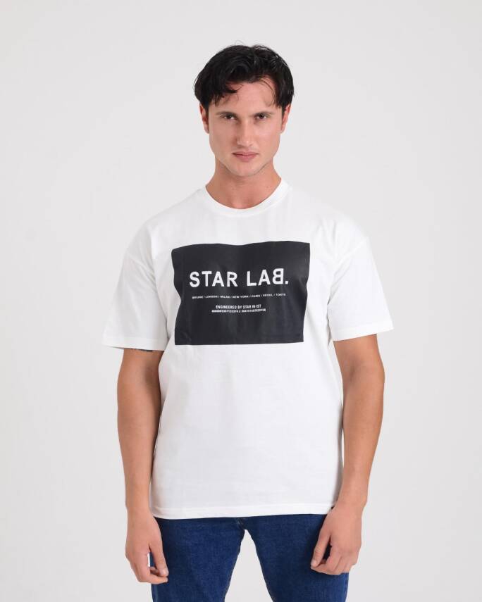 STAR ERKEK BEYAZ OVERSİZE STAR LAB BASKILI T-SHİRT - 1