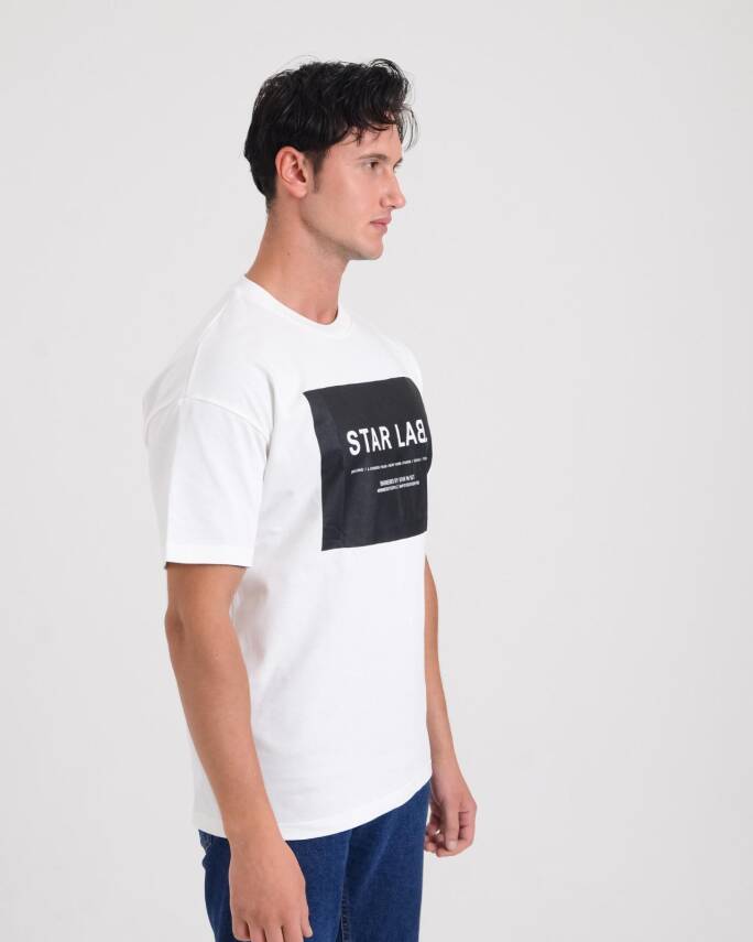 STAR ERKEK BEYAZ OVERSİZE STAR LAB BASKILI T-SHİRT - 3