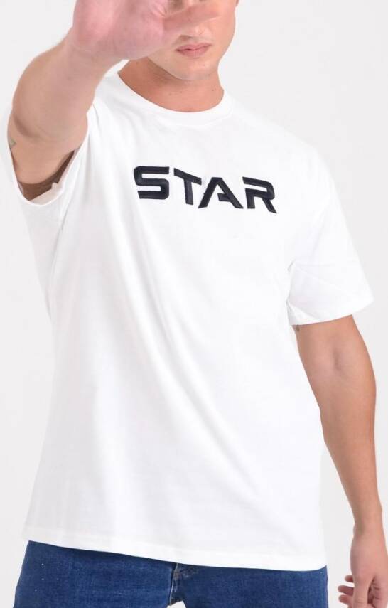 STAR ERKEK BEYAZ OVERSİZE STAR NAKIŞLI T-SHİRT - 1