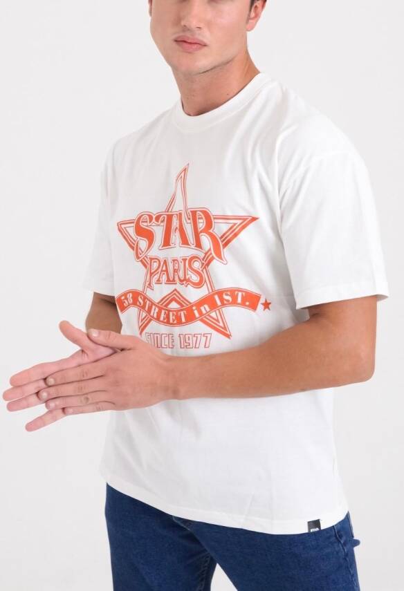 STAR ERKEK BEYAZ OVERSİZE STAR PARİS BASKILI T-SHİRT - 2