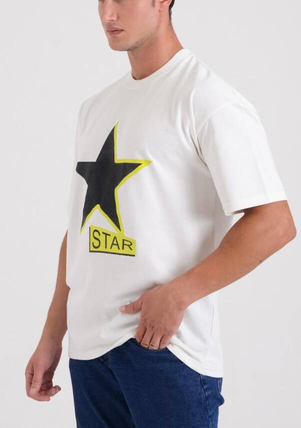 STAR ERKEK BEYAZ OVERSİZE YILDIZ BASKILI T-SHİRT - 4