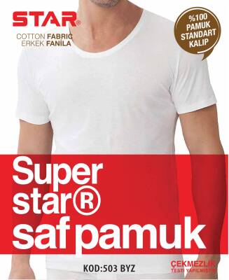 STAR ERKEK BEYAZ SAF PAMUK BİSİKLET (AÇIK ) YAKA T-SHİRT ( FANİLA ) - Star