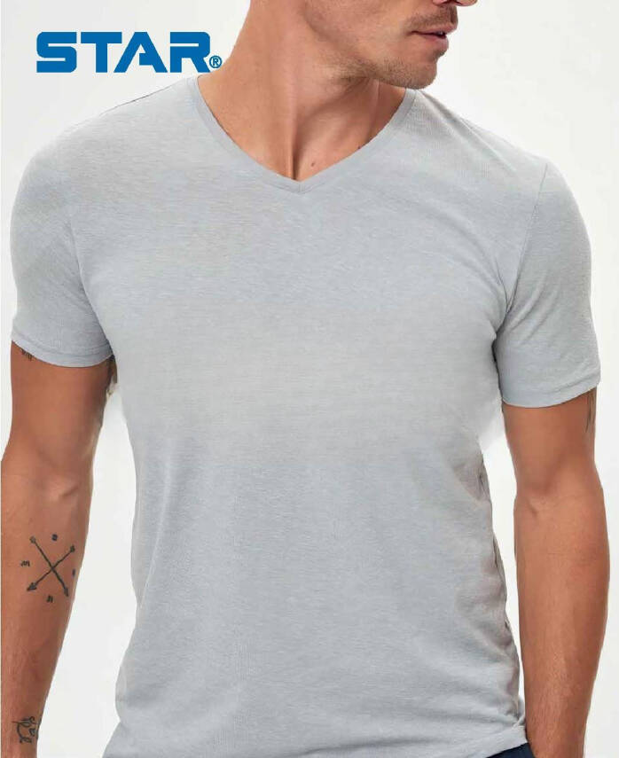 STAR ERKEK GRİ MODAL V YAKA T-SHİRT - 1