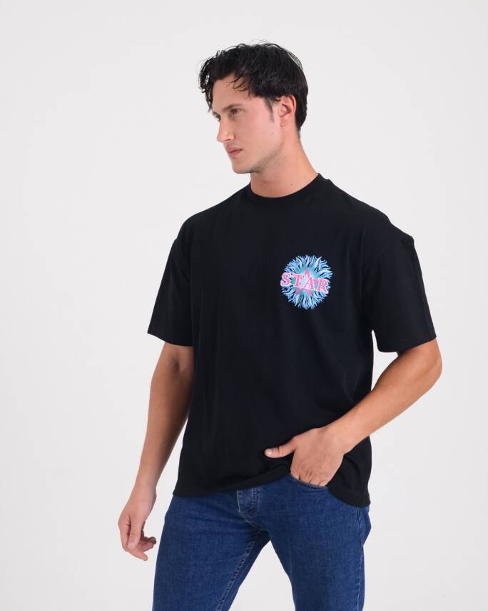 STAR ERKEK OVERSİZE ALEV BASKILI T-SHİRT - 3