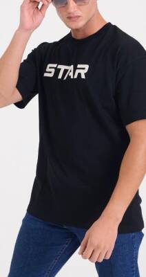 STAR ERKEK OVERSİZE STAR NAKIŞLI T-SHİRT SİYAH