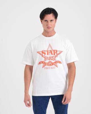 STAR ERKEK OVERSİZE STAR PARİS BASKILI T-SHİRT BEYAZ