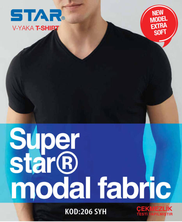 STAR ERKEK SİYAH MODAL V YAKA T-SHİRT - 2