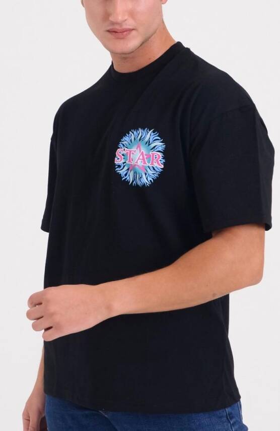STAR ERKEK SİYAH OVERSİZE ALEV BASKILI T-SHİRT - 1