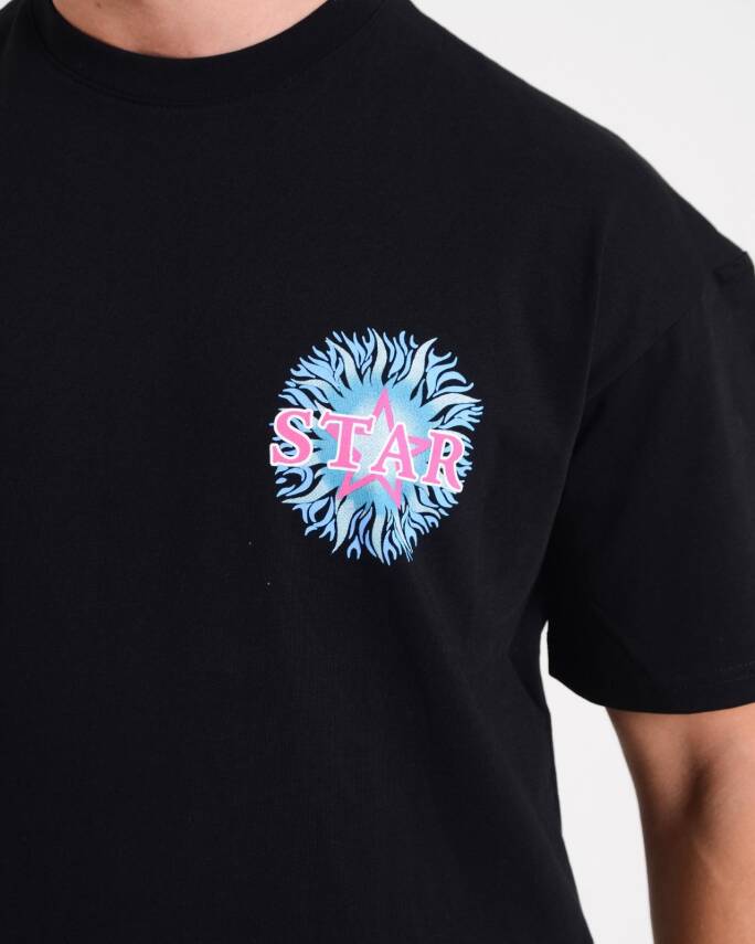 STAR ERKEK SİYAH OVERSİZE ALEV BASKILI T-SHİRT - 2