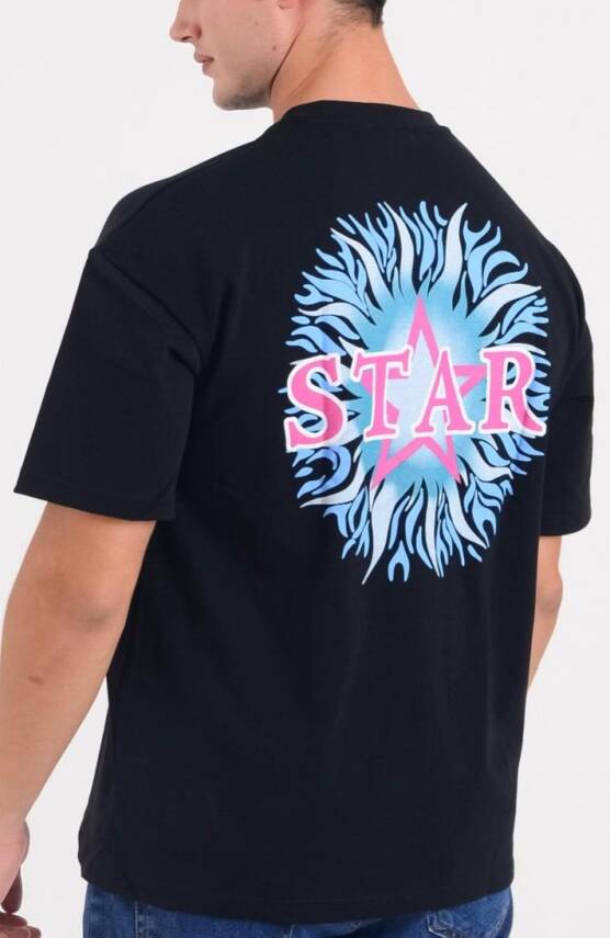 STAR ERKEK SİYAH OVERSİZE ALEV BASKILI T-SHİRT - 3