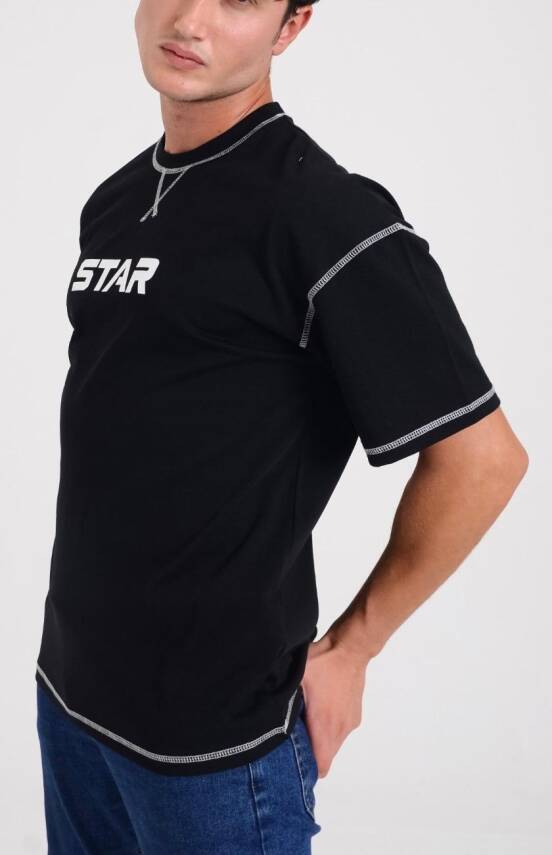 STAR ERKEK SİYAH OVERSİZE DİKİŞ DETAYLI T-SHİRT - 1