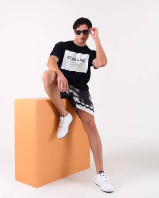 STAR ERKEK SİYAH OVERSİZE STAR LAB BASKILI T-SHİRT - Star