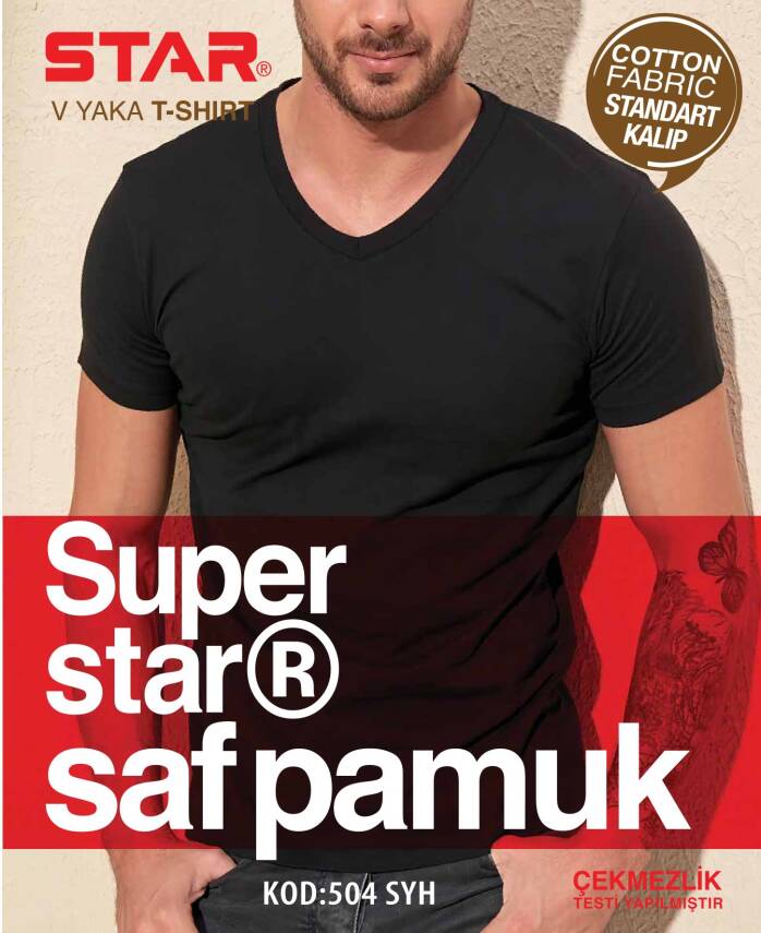 STAR ERKEK SİYAH SAF PAMUK V YAKA KISAKOL T-SHİRT ( FANİLA ) - 1