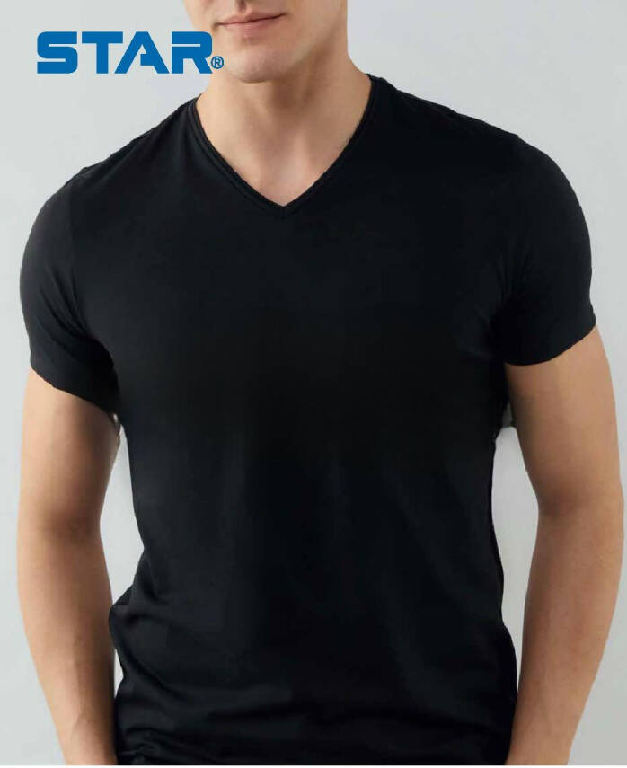 STAR ERKEK SİYAH SAF PAMUK V YAKA KISAKOL T-SHİRT ( FANİLA ) - 2