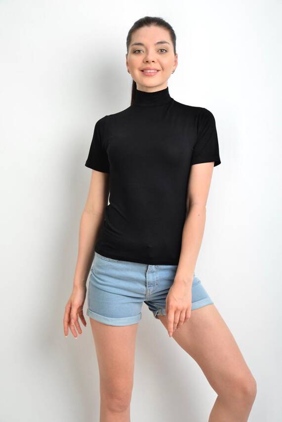 STAR İKİNCİTEN SİYAH KADIN KISAKOL BALIKÇI YAKA T-SHİRT - 1