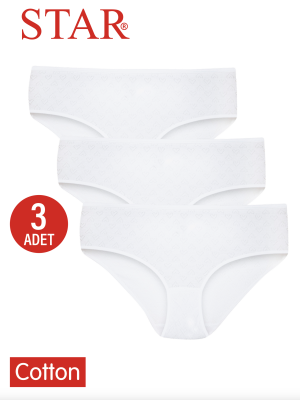 STAR KADIN 3 LÜ BEYAZ SAF PAMUK KALP DESENLİ BATO KÜLOT 