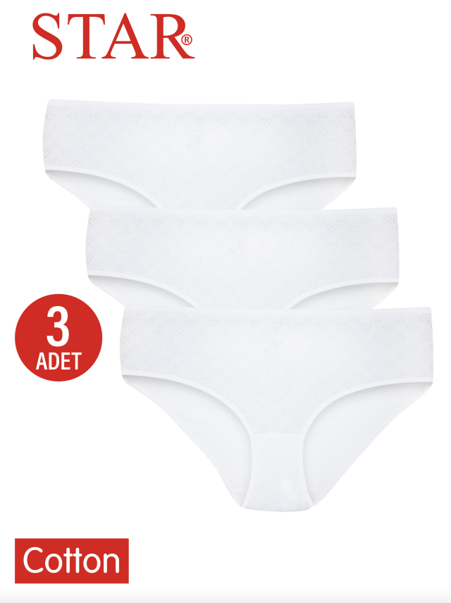 STAR KADIN 3 LÜ BEYAZ SAF PAMUK KALP DESENLİ BATO KÜLOT - 1