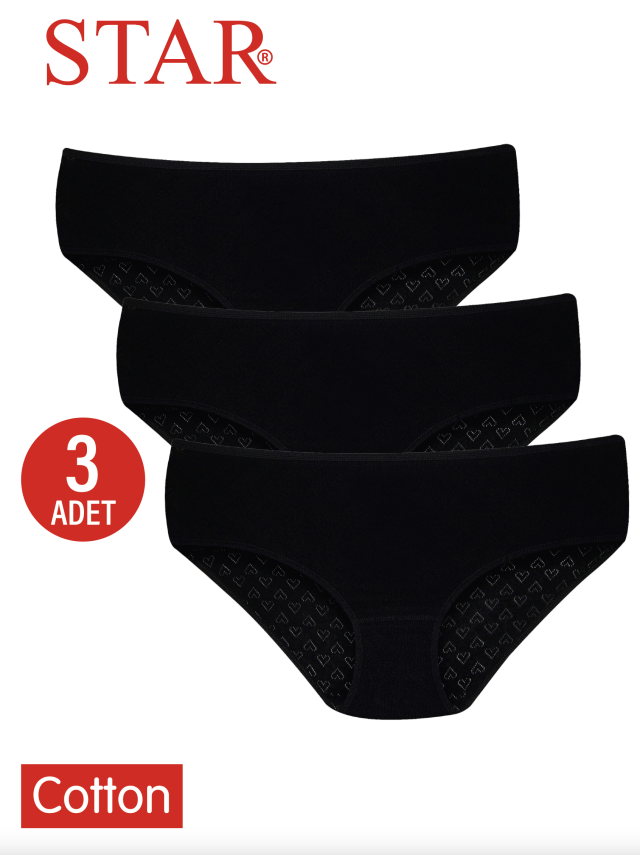 STAR KADIN 3 LÜ SİYAH SAF PAMUK KALP DESENLİ BATO KÜLOT - 1