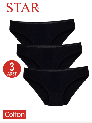 STAR KADIN 3LÜ SİYAH SAF PAMUK ÇİZGİLİ BİKİNİ KÜLOT - Star