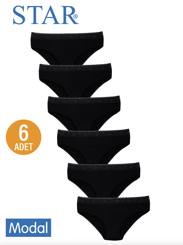 STAR KADIN 6 LI SİYAH MODAL BELİ DANTEL DETAYLI BİKİNİ KÜLOT - 1