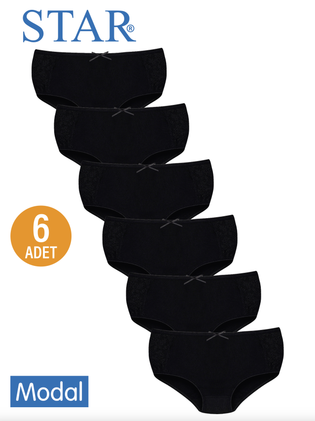 STAR KADIN 6 LI SİYAH MODAL YANI DANTEL DETAYLI BATO KÜLOT - 1