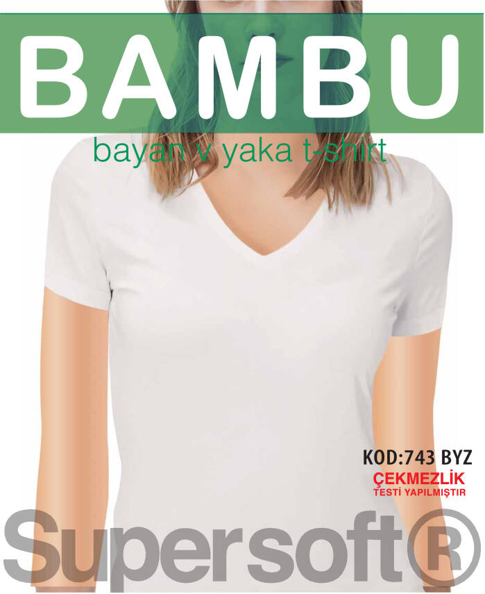 STAR KADIN BEYAZ ORGANİK BAMBU KISAKOL V YAKA T-SHİRT - 1