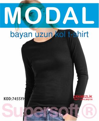 STAR KADIN SİYAH MODAL UZUNKOL T-SHİRT - Star