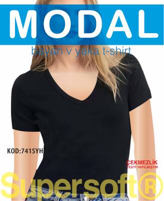 STAR KADIN SİYAH MODAL V YAKA KISAKOL T-SHİRT - Star