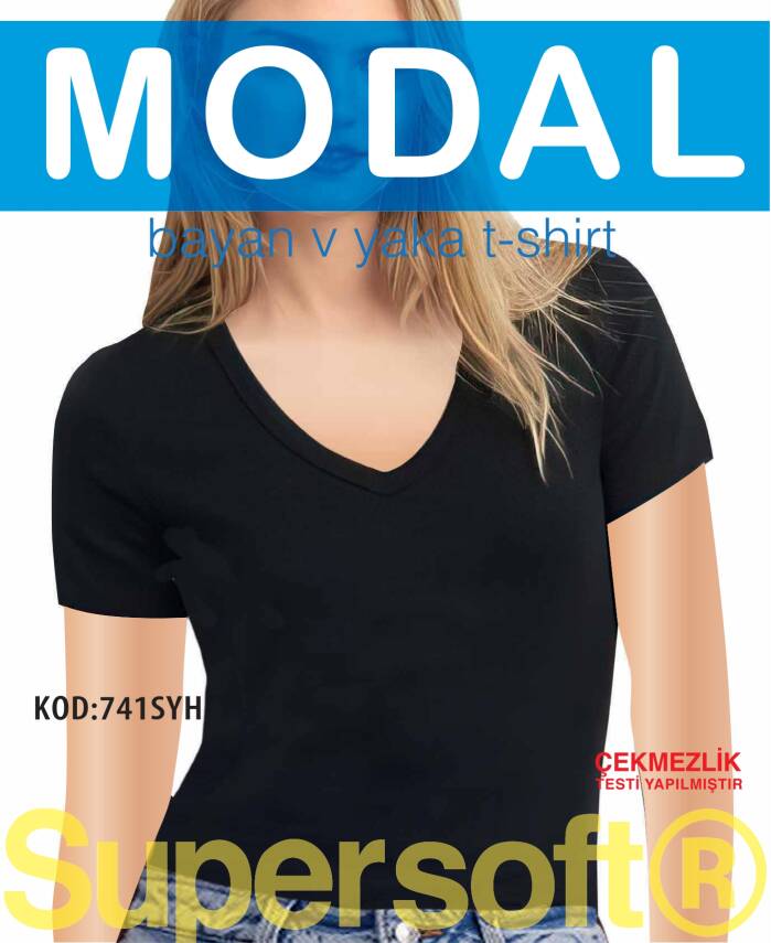 STAR KADIN SİYAH MODAL V YAKA KISAKOL T-SHİRT - 1