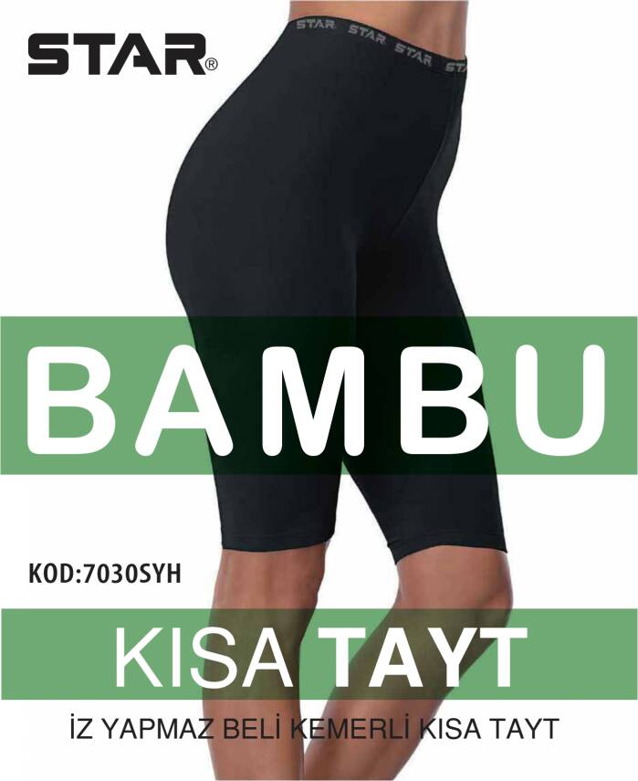 STAR KADIN SİYAH ORGANİK BAMBU DİZ ÜSTÜ KISA TAYT - 1