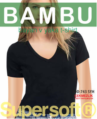 STAR KADIN SİYAH ORGANİK BAMBU KISAKOL V YAKA T-SHİRT - Star