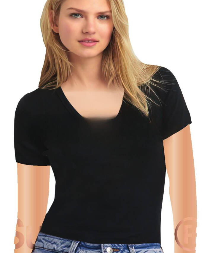 STAR KADIN SİYAH ORGANİK BAMBU KISAKOL V YAKA T-SHİRT - 2