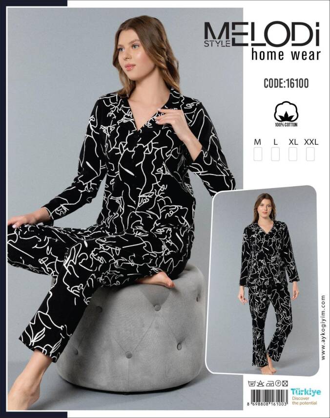 STAR MELODİ KADIN UZUNKOL BOYDAN DÜĞMELİ YAKALI PİJAMA TAKIM - 1