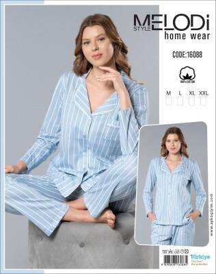 STAR MELODİ KADIN UZUNKOL BOYDAN DÜĞMELİ YAKALI PİJAMA TAKIM - STAR MELODİ