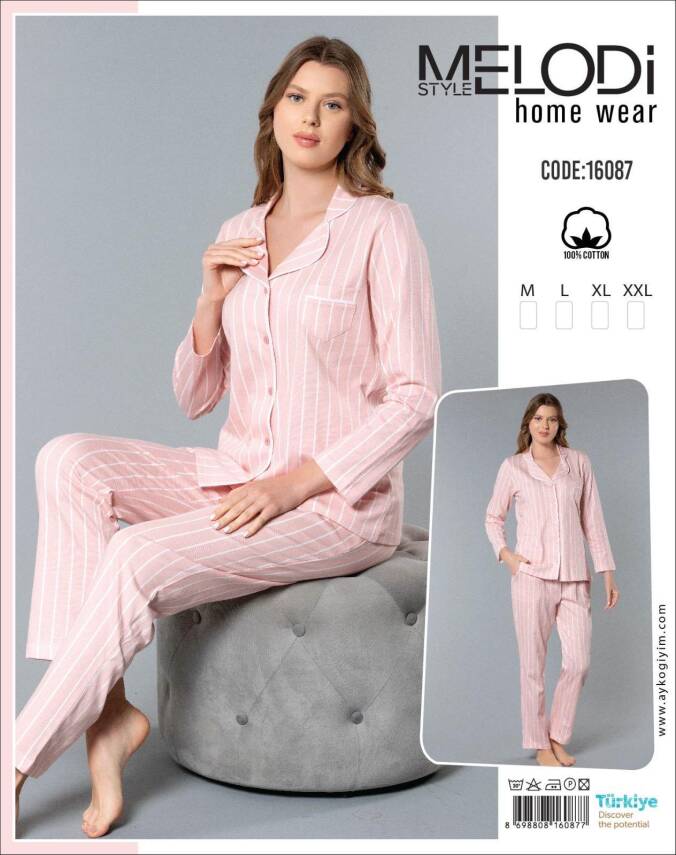 STAR MELODİ KADIN UZUNKOL BOYDAN DÜĞMELİ YAKALI PİJAMA TAKIM - 1