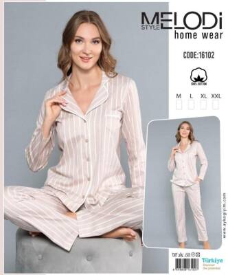 STAR MELODİ KADIN UZUNKOL BOYDAN DÜĞMELİ YAKALI PİJAMA TAKIM - STAR MELODİ