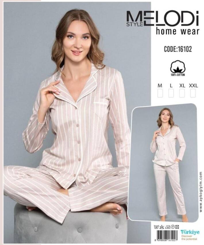 STAR MELODİ KADIN UZUNKOL BOYDAN DÜĞMELİ YAKALI PİJAMA TAKIM - 1