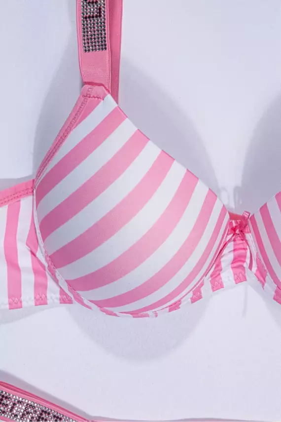 STAR Tılsım Lingerie Kadın Çizgili Mikro Kumaş Taşlı Askılı Dolgulu Sütyen Takım - 4