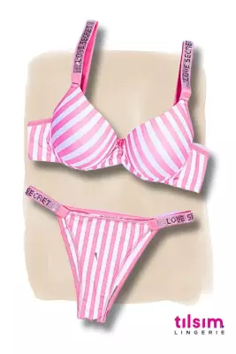 STAR Tılsım Lingerie Kadın Çizgili Mikro Kumaş Taşlı Askılı Dolgulu Sütyen Takım 
