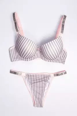 STAR Tılsım Lingerie Kadın Çizgili Mikro Kumaş Taşlı Askılı Dolgulu Sütyen Takım 