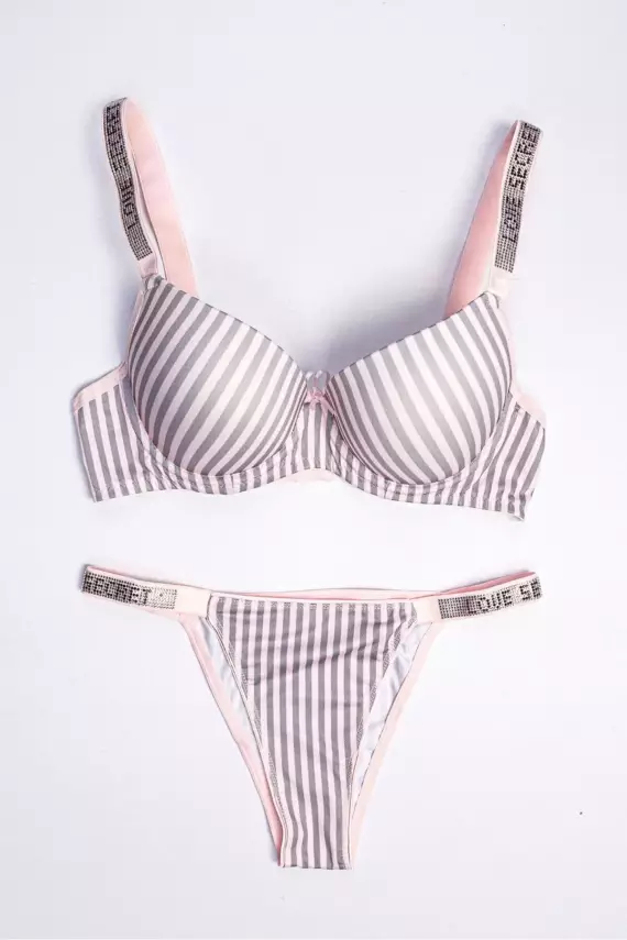 STAR Tılsım Lingerie Kadın Çizgili Mikro Kumaş Taşlı Askılı Dolgulu Sütyen Takım - 1
