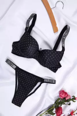 STAR Tılsım Lingerie Kadın Puanlı Baskılı Mikro Kumaş Taşlı Askılı Sütyen Takım 