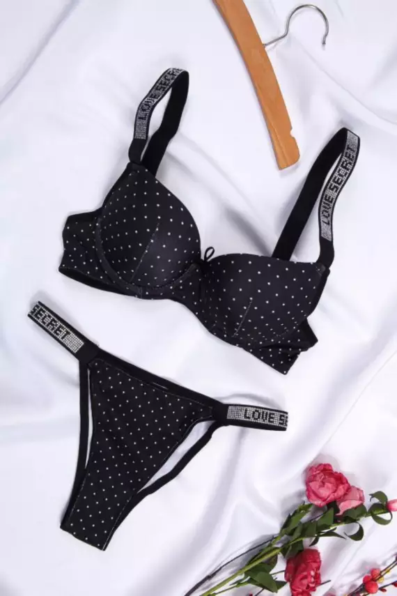 STAR Tılsım Lingerie Kadın Puanlı Baskılı Mikro Kumaş Taşlı Askılı Sütyen Takım - 1